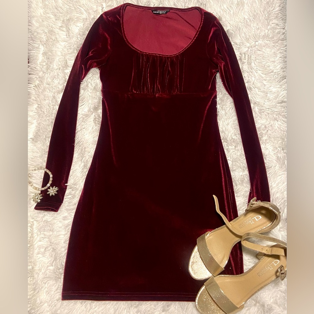 SHEIN Velvet Red Long Sleeve Mini Bodycon Dress Size Small